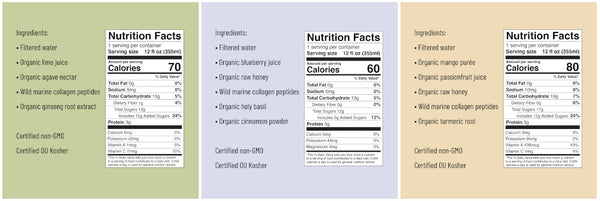 Nutrition labels for the three flavors of Pure Wild Co Collagen Infusions. 