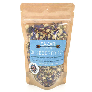 A package of Sakari Farms Blueberry Tea on a white background. Packaging lists ingredients: blueberries, jasmine, wild rose and bachelor button.