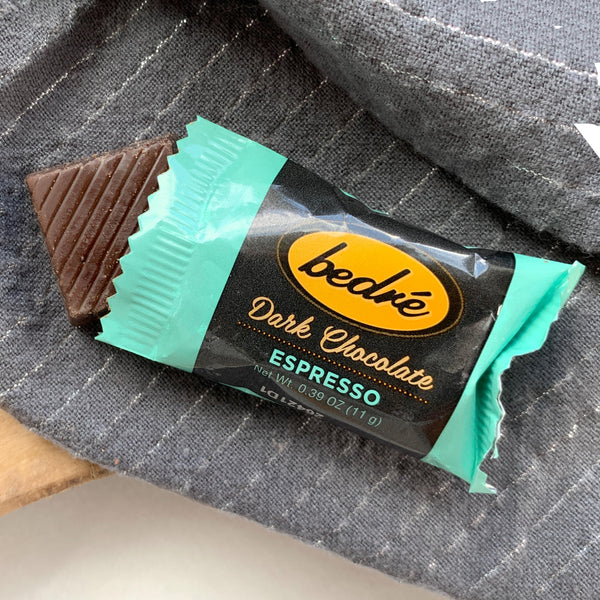 A grey striped cloth napkin backdrop with a turquoise wrapper opened to reveal one espresso dark chocolate meltaway from bedré chocolatier.