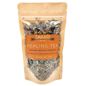 A package of Sakari Farms Healing Tea on a white background. Packaging lists ingredients: chamomile, red clover and elderberries.