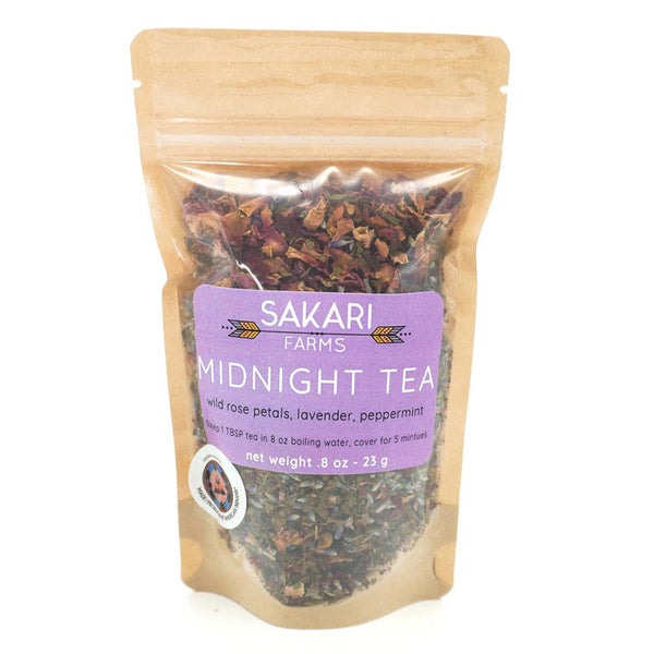 A package of Sakari Farms Midnight Tea on a white background. Packaging lists ingredients: wild rose petals, lavender and peppermint.
