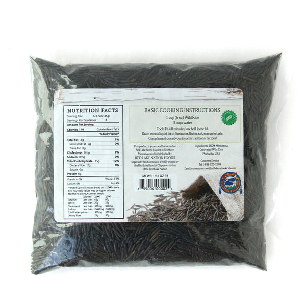 A photo showing the back of a bag of Red Lake Nation Wild Rice on a white background.